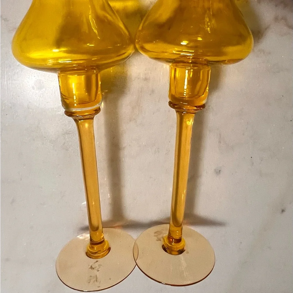 Set Of 2 Vintage Made In Italy Empoli Hand Blown Yellow Glass Candle Sticks